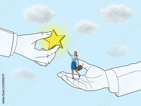 Fototapeta Reaching for Success with Support and Determination, Miniature businesswoman reaches for glowing star from illustrated hand