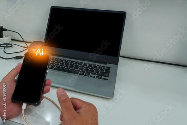 Fototapeta A young professional working on a laptop and smartphone at a desk, multitasking between communication and digital projects. Represents remote work, technology, and modern productivity.