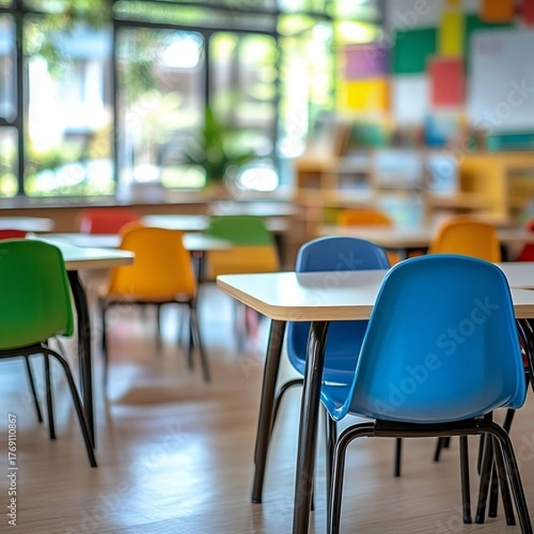 Fototapeta School classroom in blur background without young student