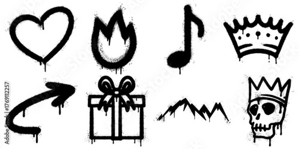 Fototapeta collection of black graffiti stencil icons created with spray paint on a white background. Includes heart, flame, music note, crown, arrow, gift box, mountain, and skull with crown symbols.