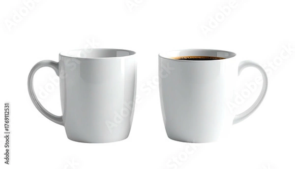 Fototapeta Two white mugs, one empty, one filled with dark coffee