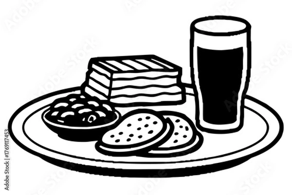 Fototapeta Vector illustration of a delicious sweet breakfast with a glass of beer, sandwich, and brown chocolate cookies on a white plate