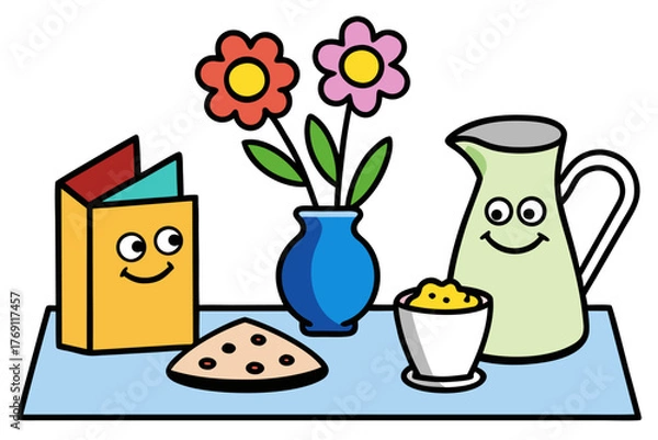 Fototapeta Still life art set with yellow tulips, flowers, eggs, and milk in a jug for a spring breakfast illustration