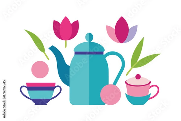 Fototapeta Stock photos of spring flower set with tulips and a watering can illustration