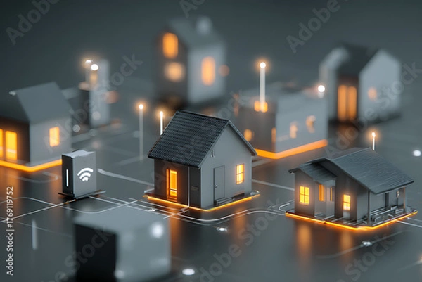 Fototapeta Smart home network connecting modern houses with wireless technology, envisioning a connected community and efficient energy solutions