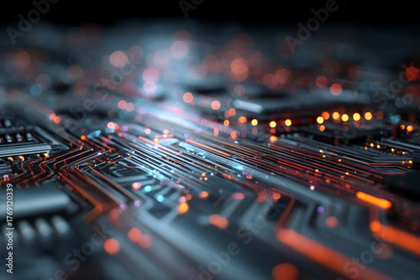 Fototapeta Intricate circuit board glows with vibrant energy, illustrating modern technology and advanced connectivity solutions for business and innovation
