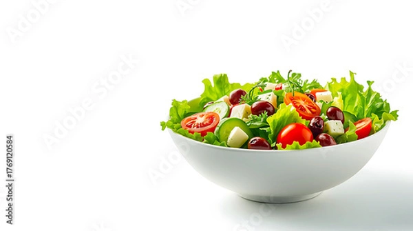 Fototapeta Fresh salad with tomatoes and cucumbers on white background