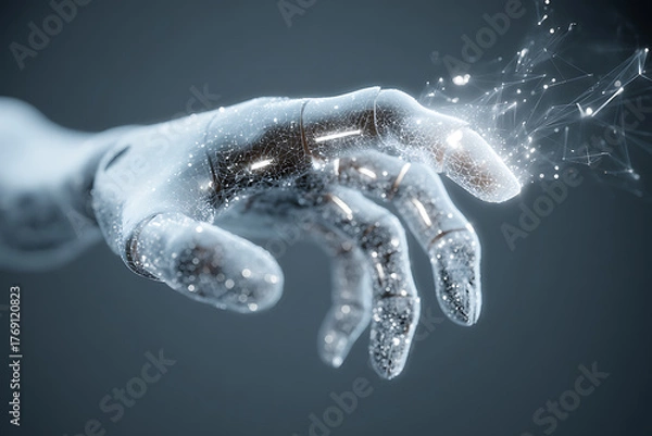 Fototapeta Futuristic robotic hand reaching out, connecting with digital network, offering technology solutions, ai integration, and future innovation concept