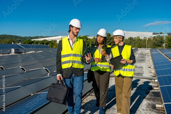 Obraz Energy engineers inspecting solar panels for sustainable power