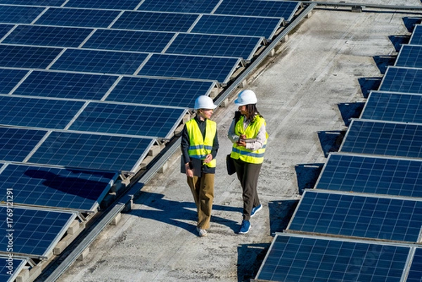Obraz Women engineers walking on solar panel rooftop discussing work