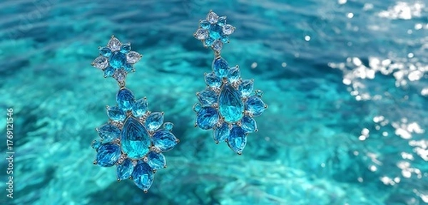Fototapeta Luxury earring design floating weightless in turquoise sea with light diffusion