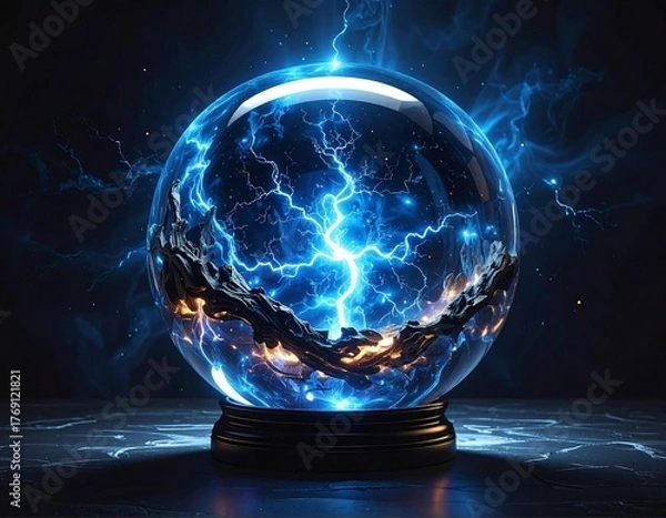 Obraz Glowing crystal ball with electric energy and dark rock formation
