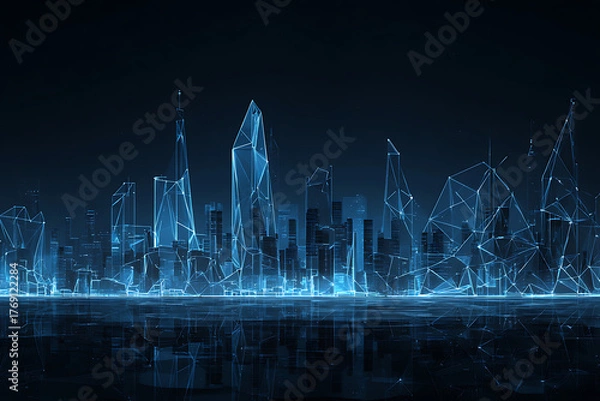 Fototapeta Futuristic city skyline with glowing network connections, perfect for tech innovation, smart city concepts, and modern urban development projects