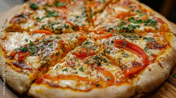 Fototapeta Cheese pizza with mayonnaise and tomato topping

