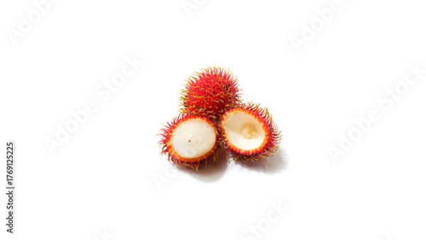 Fototapeta Fresh tropical rambutan fruit isolated on a white background. Close-up of vibrant red hairy rambutan with peeled fruit showing juicy white flesh inside.