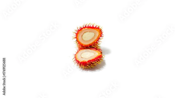Fototapeta Two Halves of Rambutan Fruit Isolated on White Background