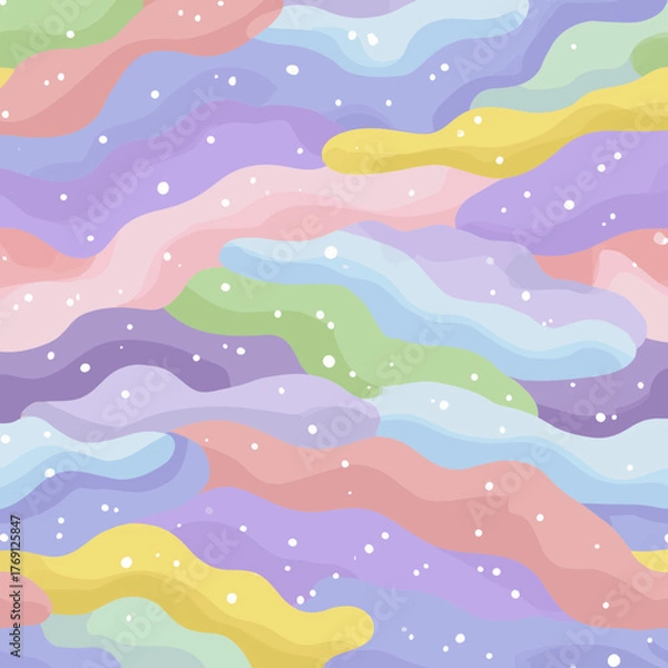 Fototapeta Padrão abstrato de formas onduladas em tons pastel com pontos brancos, criando um design suave e delicado.