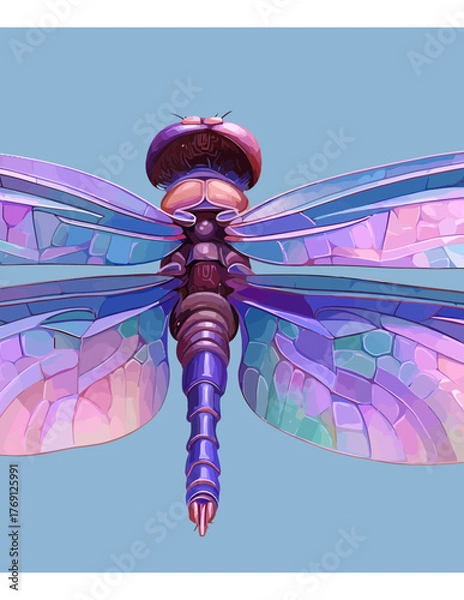 Fototapeta Ilustração vetorial detalhada de uma libélula com asas coloridas em tons pastel sobre fundo azul claro.