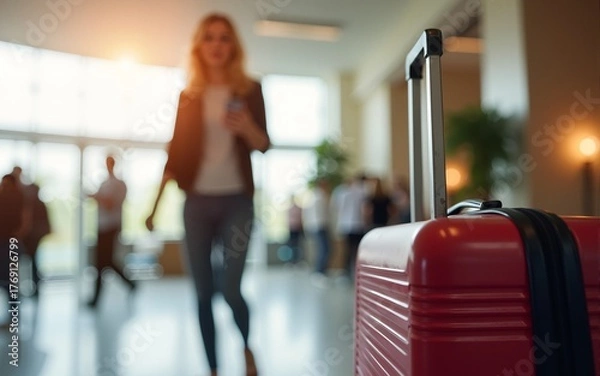 Fototapeta Close-up of luggage and blurred background of a happy tourist woman in a hotel after check-in. The concept of travel and vacation. She reports that she arrived safely via her smartphone. High quality