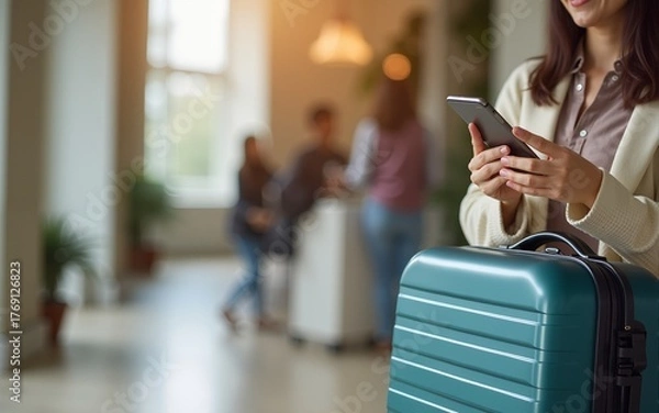 Fototapeta Close-up of luggage and blurred background of a happy tourist woman in a hotel after check-in. The concept of travel and vacation. She reports that she arrived safely via her smartphone. High quality