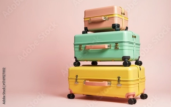 Fototapeta A stack of luggage with a variety of colors including pink, green, yellow. High quality