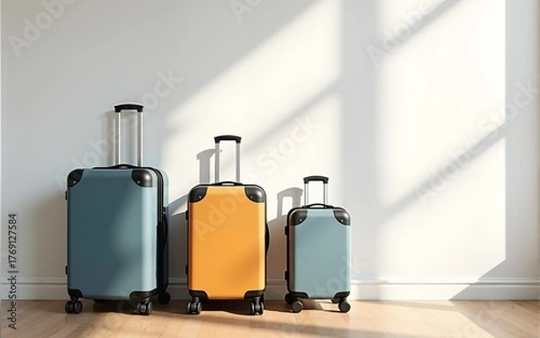 Fototapeta Modern suitcases on floor near light wall. Space for text. High quality