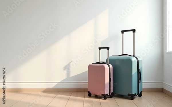 Fototapeta Modern suitcases on floor near light wall. Space for text. High quality