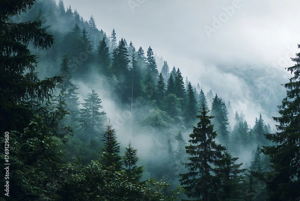 Fototapeta Mystical mountain forest landscape with soft fog rolling through the tall evergreen trees, a serene and atmospheric nature scene for travel inspiration