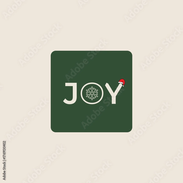 Fototapeta Square tag with JOY in center thin font santa hat snowfloke