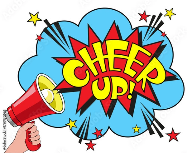 Fototapeta Comic lettering cheer up. Vector bright cartoon illustration in retro pop art style. Comic text sound effects. EPS 10.