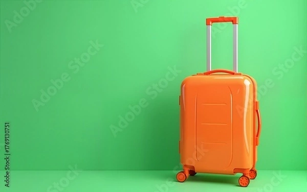 Fototapeta Lush orange luggage ready for going travel on green background, with copy space, bright color backgrounds. High quality
