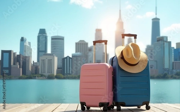Obraz Two luggage with a business trip as hat ,Holiday image of city building background, Summer travel concept. High quality