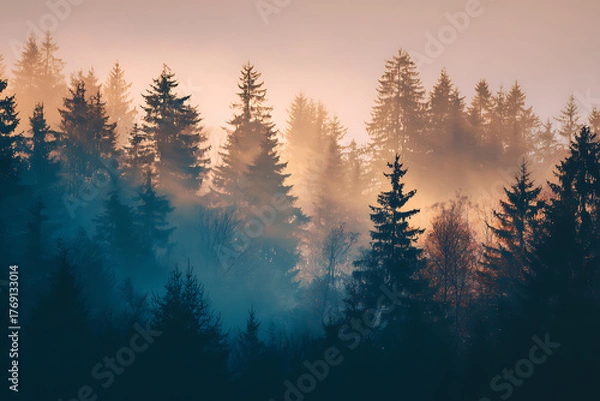 Fototapeta Breathtaking misty forest landscape with ethereal light filtering through tall pine trees at dawn, perfect for nature lovers and outdoor enthusiasts