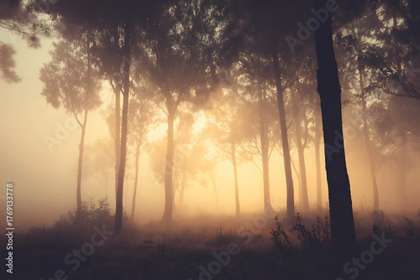 Fototapeta Ethereal trees shrouded in golden mist evoke tranquility, perfect for nature lovers seeking peaceful escapes and serene woodland scenes in dreamy landscapes