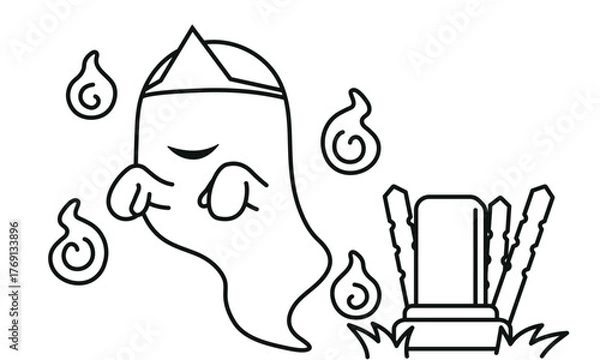 Fototapeta おばけと人魂とお墓のシンプルな線画イラスト