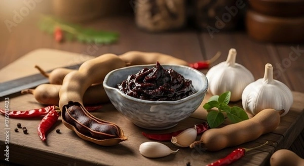 Fototapeta A rustic kitchen-style setup showing a small ceramic bowl filled with tamarind paste surrounded by fresh tamarind pods, dried chili, garlic, and herbs on a wooden cutting board.