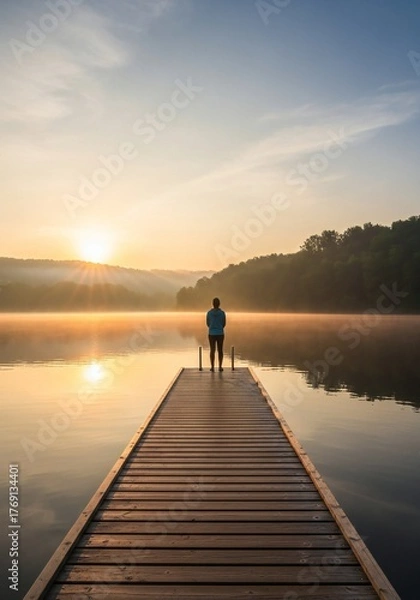 Fototapeta A solitary figure stands on a wooden dock overlooking a tranquil lake at sunrise. The scene captures the serene beauty of nature with mist hovering over the water.