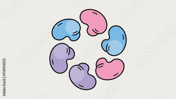 Fototapeta Circular arrangement of six cartoon beans in blue pink and purple on a cream colored background