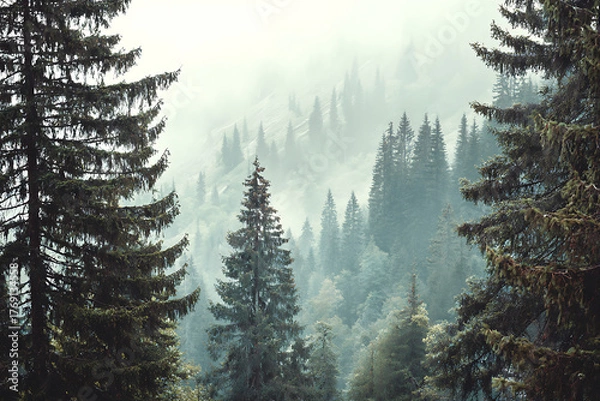 Fototapeta Misty mountain forest with towering evergreens evokes a sense of peace and tranquility, perfect for nature lovers and outdoor enthusiasts