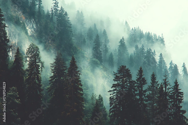 Fototapeta Dramatic mountain forest shrouded in atmospheric mist, evergreen trees create a moody and serene landscape, ideal for travel and nature inspiration