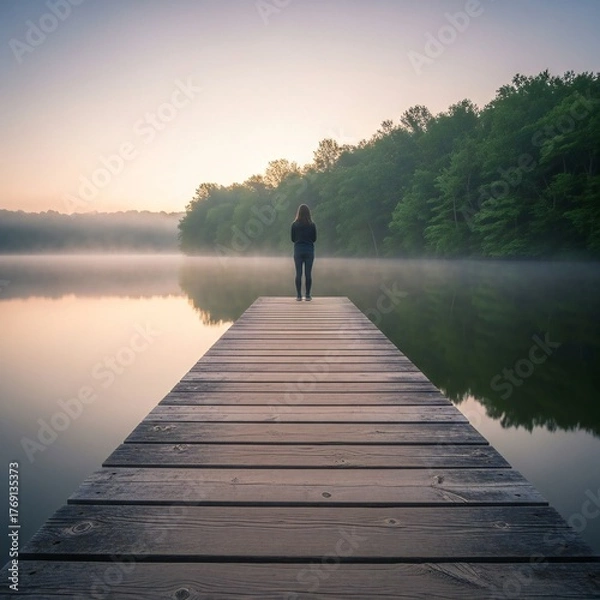 Fototapeta A solitary figure stands on a wooden dock extending into a calm, misty lake at dawn. The scene captures a serene moment of contemplation amidst nature.