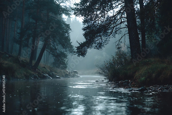 Fototapeta Mystical river flows through a stunning forest, sunlight filtering through the trees, creating a serene and peaceful landscape for contemplation