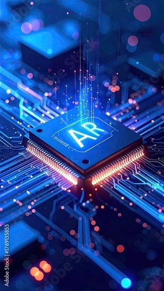 Obraz Futuristic Augmented Reality Chip Glowing with Digital Technology and Blue Lights.