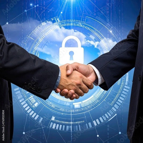 Obraz Secure Business Partnership Handshake with Digital Technology Security Concept.
