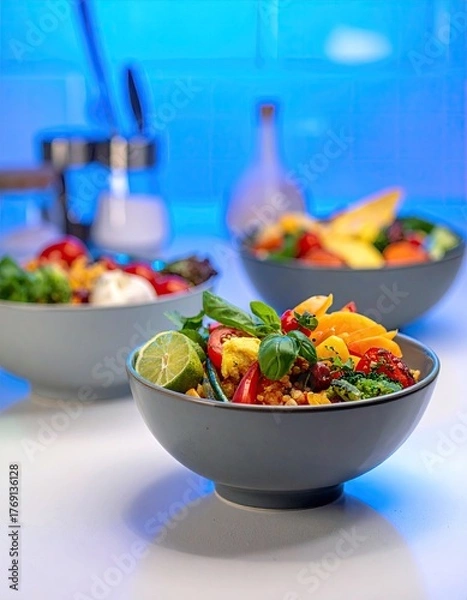 Obraz Vibrant healthy food bowls filled with fresh colorful ingredients presented in a modern setting.