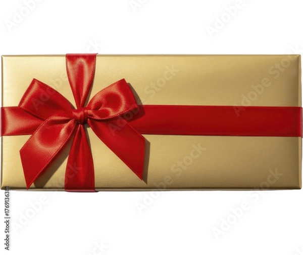 Fototapeta Golden gift box with red satin bow on a transparent background, PNG image. Rectangular present package wrapped in shiny metallic paper, tied with a festive ribbon, PNG file.