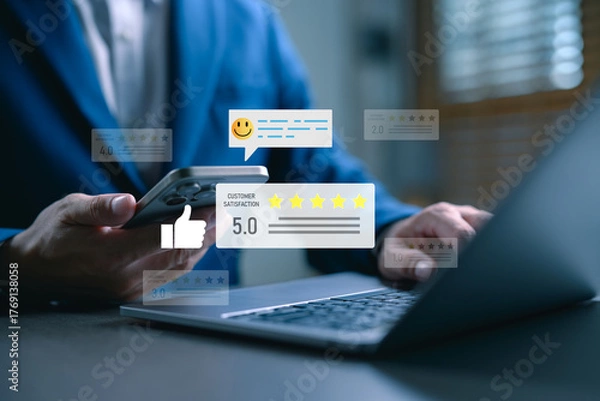 Fototapeta Businessman checking online reviews customer satisfaction ratings on smartphone and laptop, representing digital feedback, client experience, user rating system, reputation management, business trust.