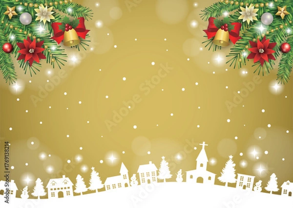 Fototapeta クリスマス背景、町並みシルエット、金、かわいい、イラスト、横