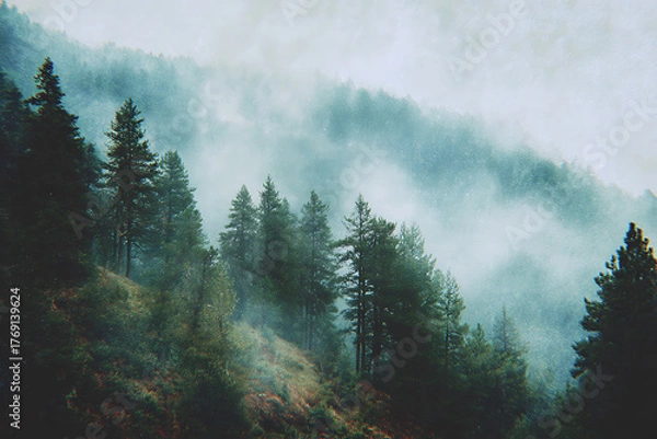 Fototapeta Ethereal forest landscape with mist shrouded trees creating a moody atmosphere perfect for nature lovers and atmospheric designs, a tranquil escape