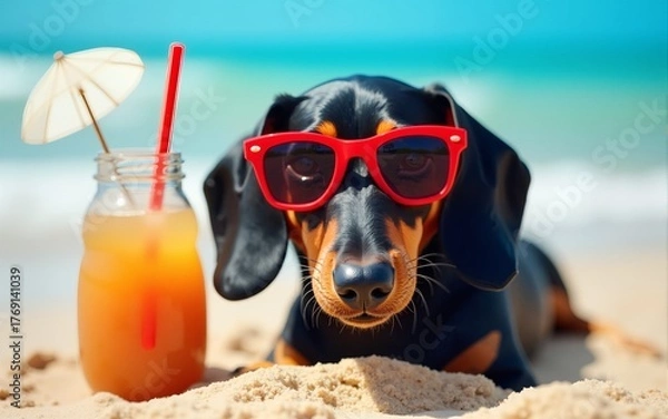 Fototapeta beautiful dog of dachshund, black and tan, buried in the sand at the beach sea on summer vacation holidays, wearing red sunglasses with coconut cocktail. High quality